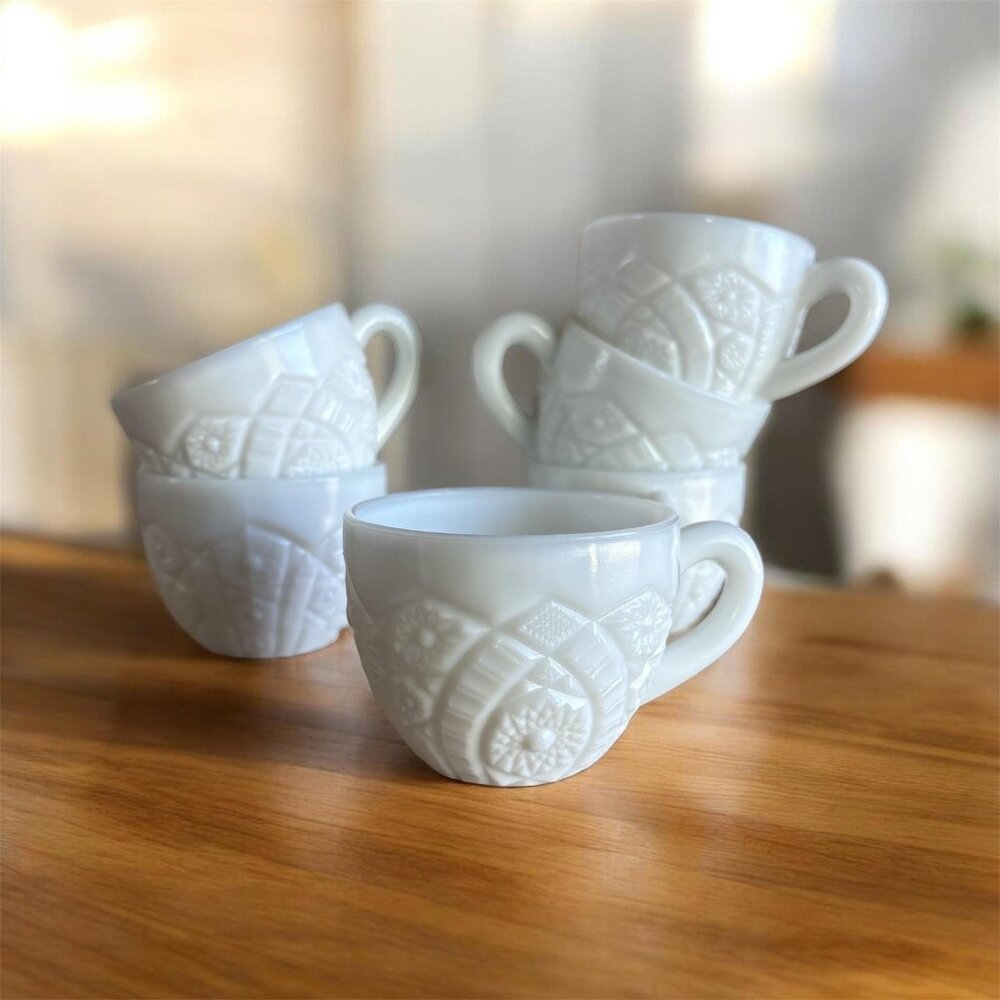 VTG McKee Concord White Milk Glass Coffee Mugs Punch Cups Set Of 6 Floral